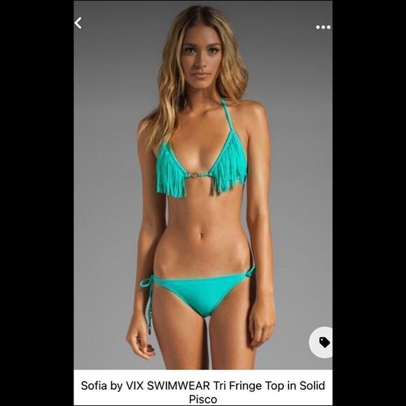 SOFIA By Vix-Teal Fringe Top and Side Tie Bottoms Bikini (Size:Small) - Picture 4 of 15